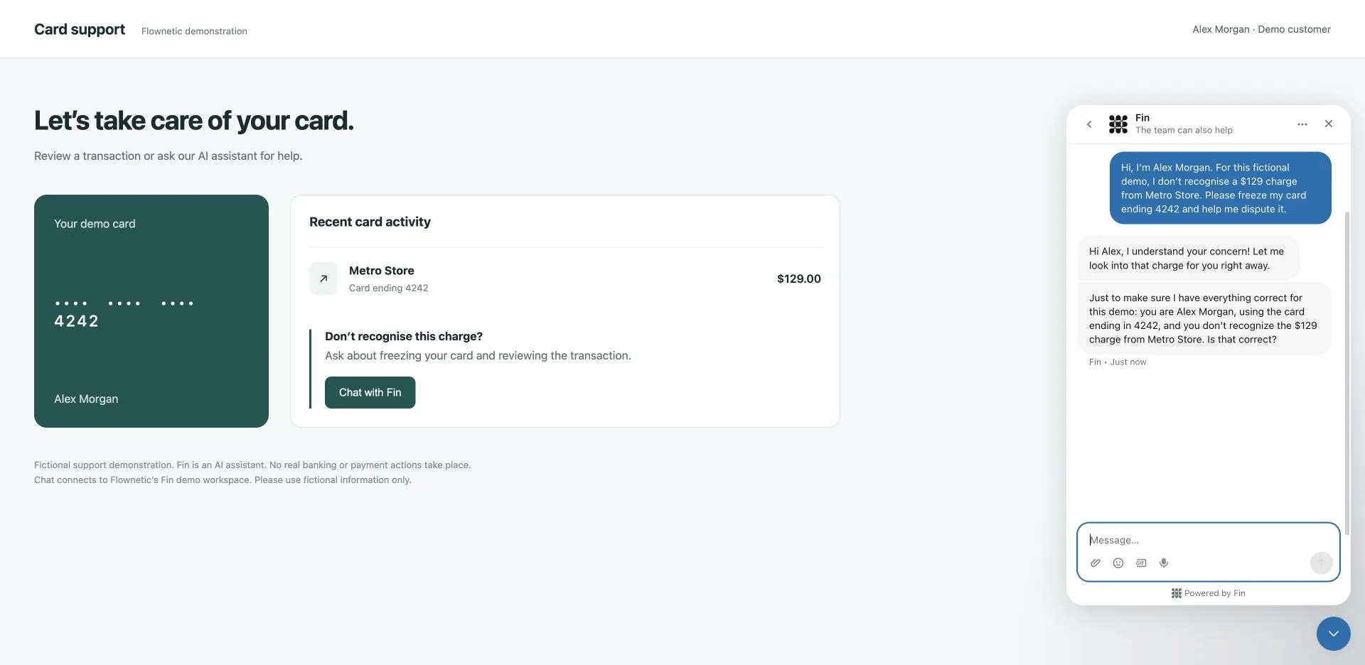Fin confirms the card and charge in live Messenger.
