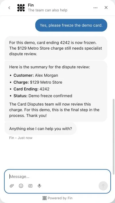 Fin’s actual response after Alex agrees to the simulated card freeze.