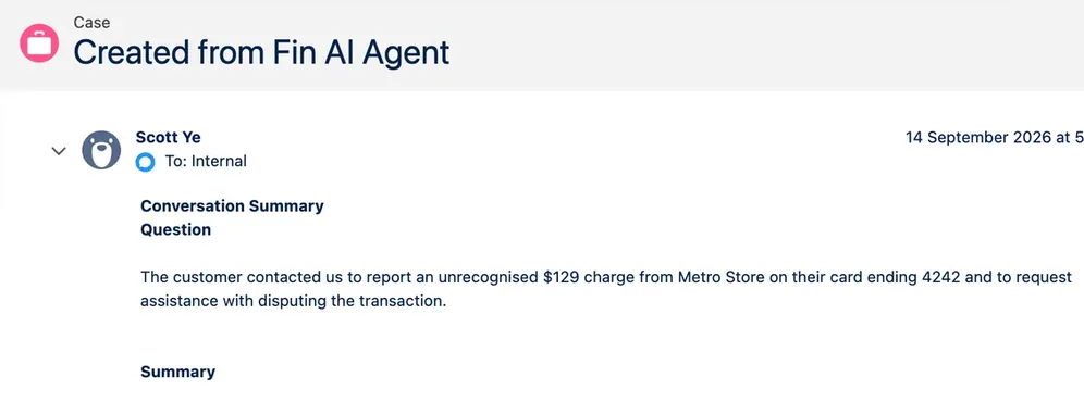 Original capture of Case 00001020 in the demo Salesforce org: the Case titled Created from Fin AI Agent, with the conversation summary on its feed.