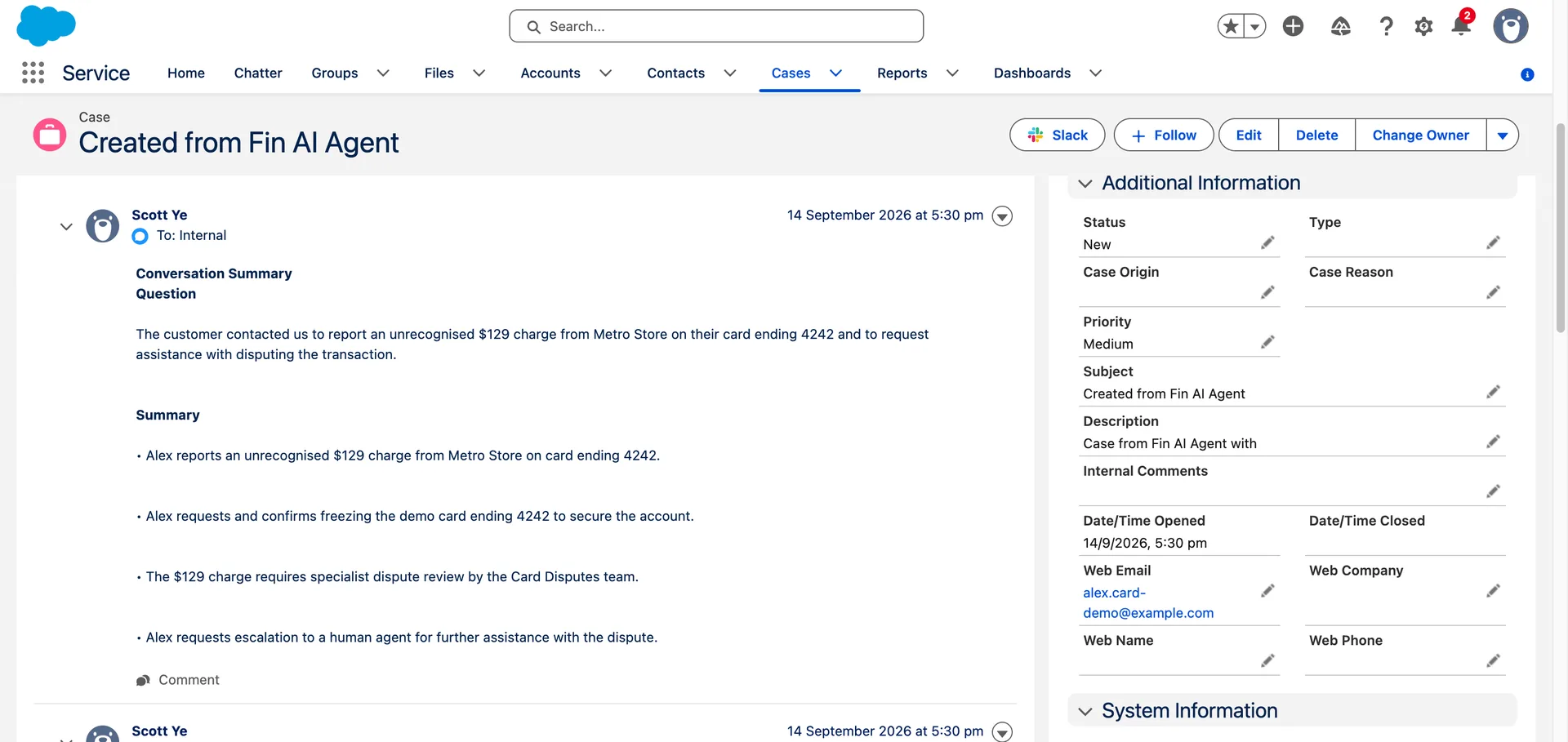 The Case the demo Messenger workflow created, in the Salesforce workspace.