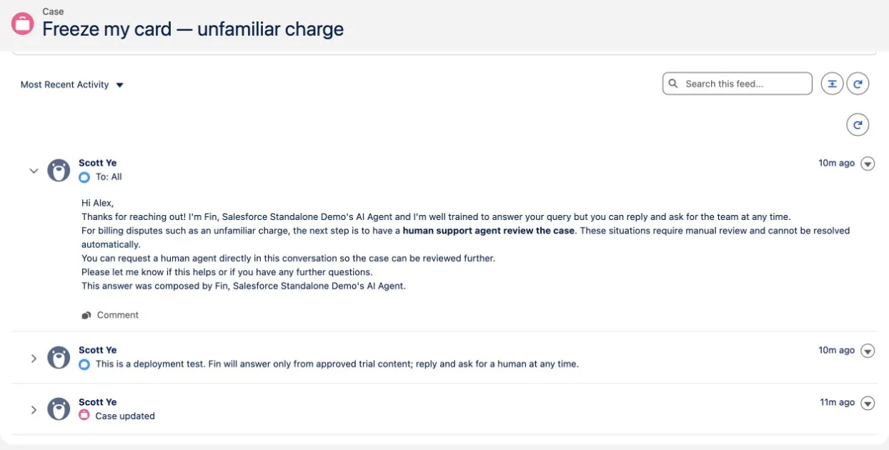 Fin-authored activity on the native Salesforce demo Case.