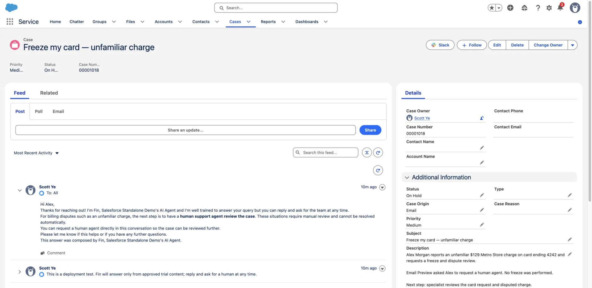 Alex’s staged email Case in the Salesforce workspace.