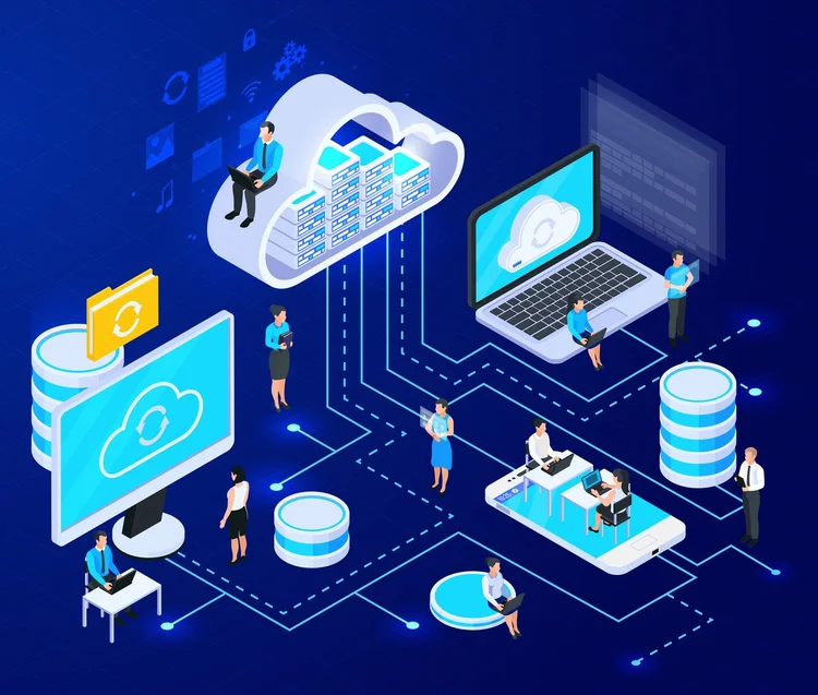 Illustration of data moving between platforms and cloud services